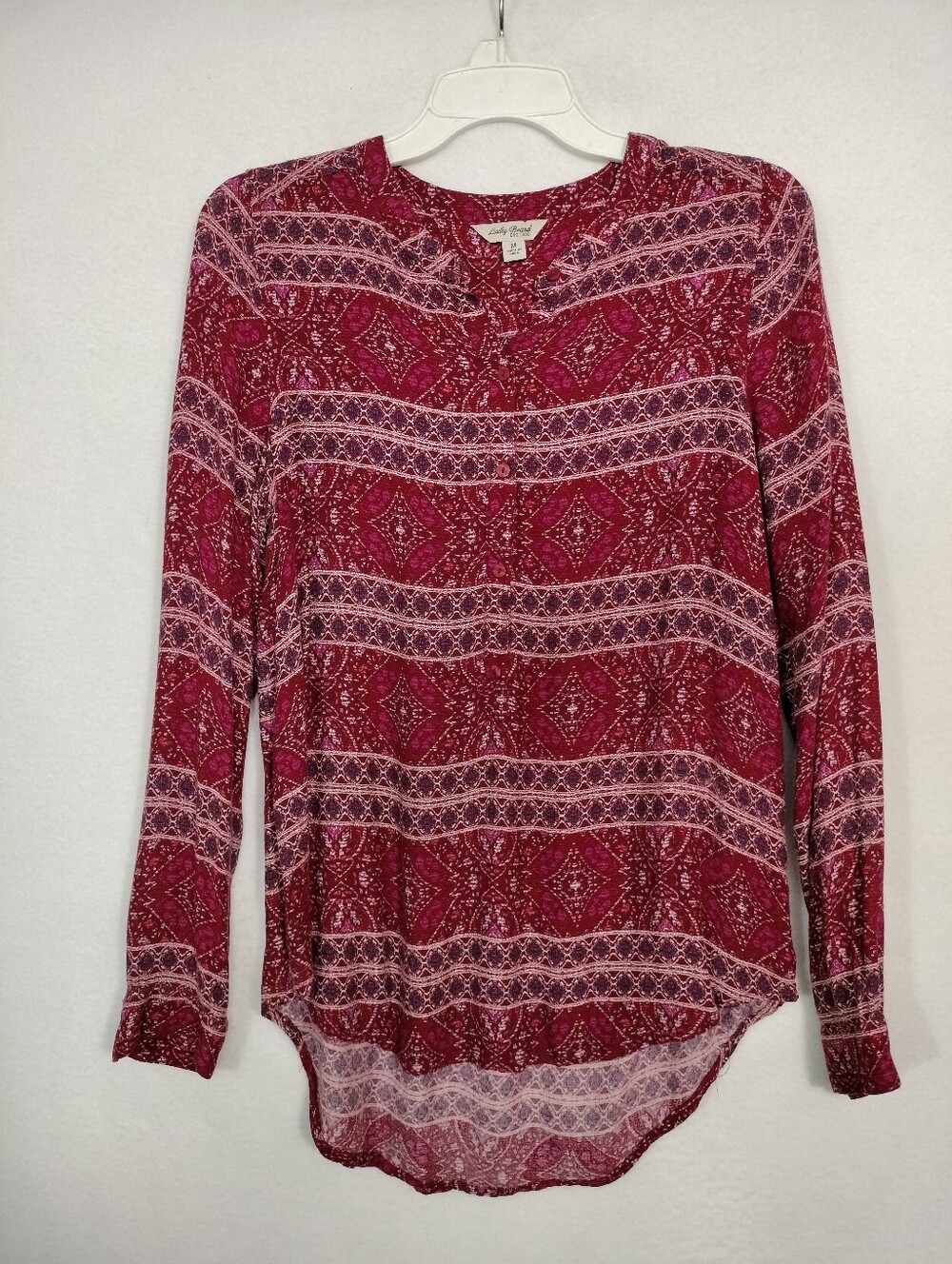 Lucky Brand Women's Red and Pink Printed Long-Sleeve Blouse